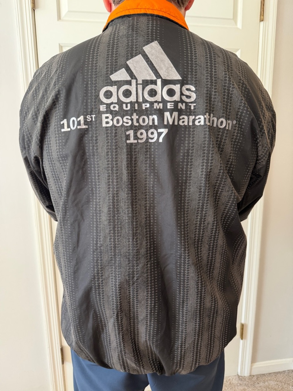 adidas Vintage Boston Marathon 1997 Black Windbreaker Jacket with Orange Collar